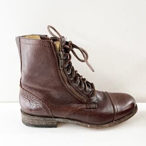 FRYE Tyler Lace Up Leather Combat Moto Ankle Boots Booties Brown 8.5